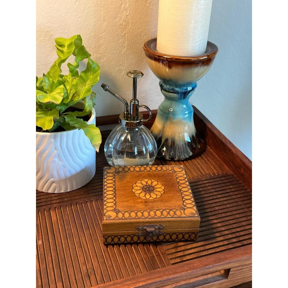 Vintage Hand Burned Pyrography Jewelry Box Small Wooden Trinket  Storage